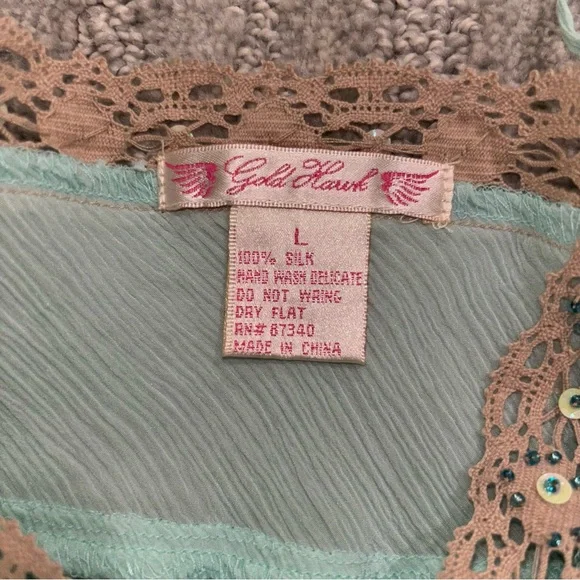 NWT Gold Hawk 100% Silk Beaded Lace Trim Camisole Tiffany Boho Fairy Women’s L - Picture 8 of 10